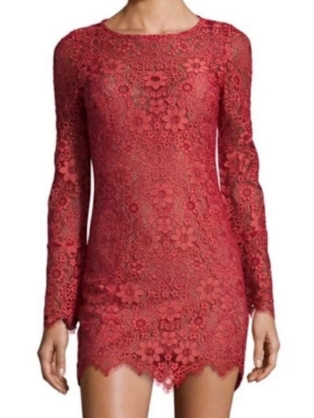 For Love And Lemons Red Floral Lace Long-Sleeve Mini Dress